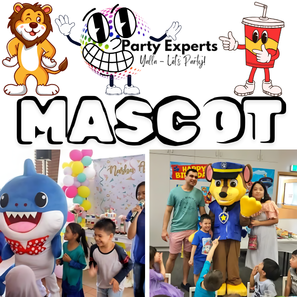 Mascot Magic: Fun mascot characters engaging kids at a lively event with vibrant decorations.