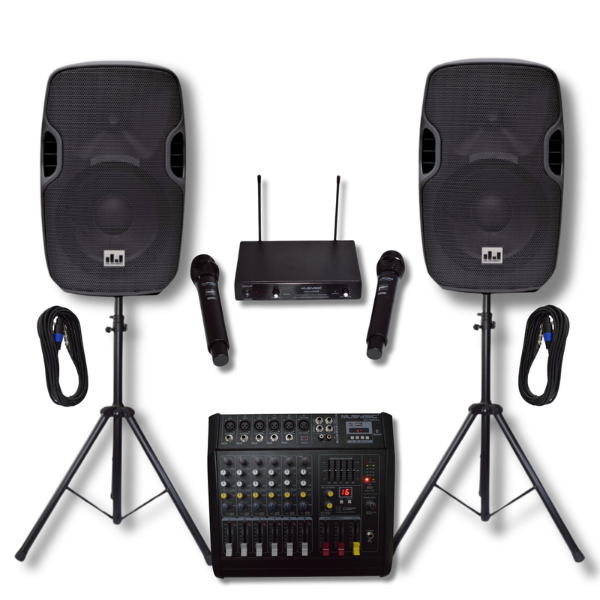 High-quality sound system rental with speakers, mixer, and microphones for events.