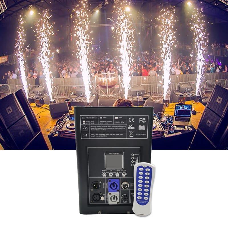 Cold Spark Machine setup with remote control, producing dazzling sparks at an event for added excitement.