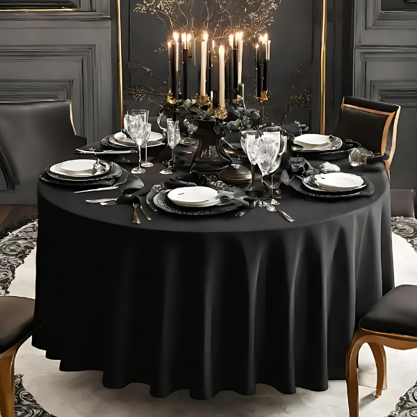 Round Banquet Table with Black Covers for Rent